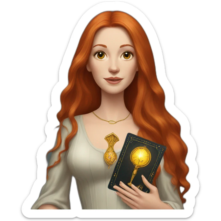 redhead white woman medium long straight hair, holding a tarot card in her hand sticker