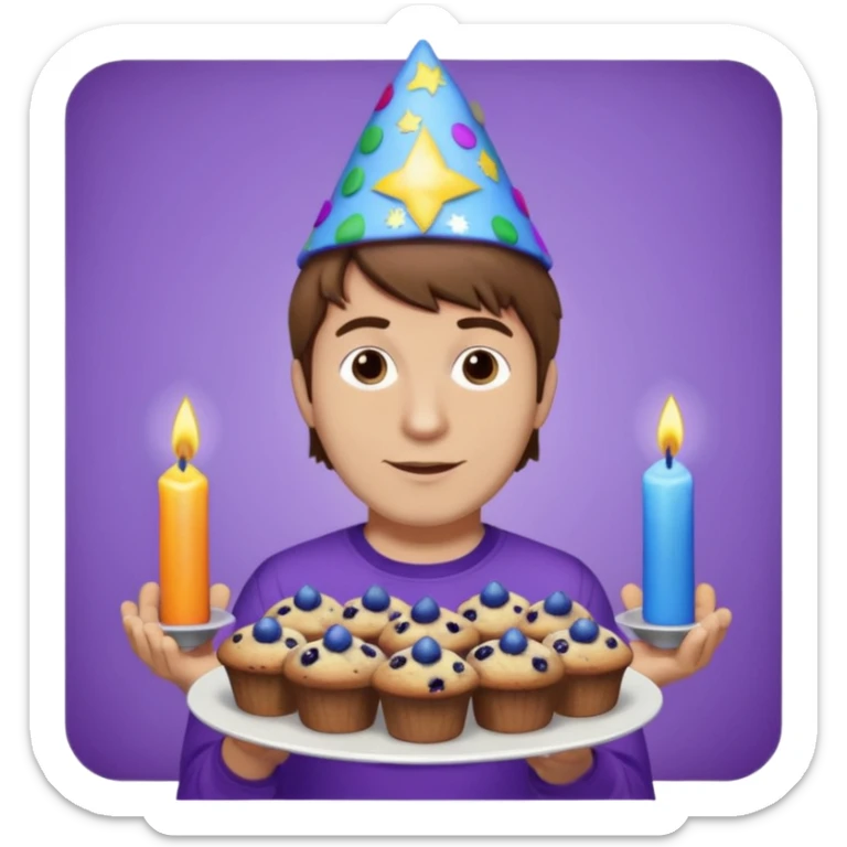 Man with brown hair wearing purple shirt and a party hat holding several blueberry muffins either candles in them  sticker