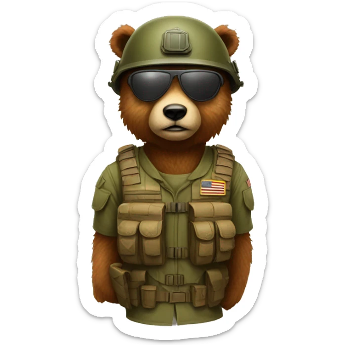 A brown furry bear as a soldier with a helmet and military glasses sticker