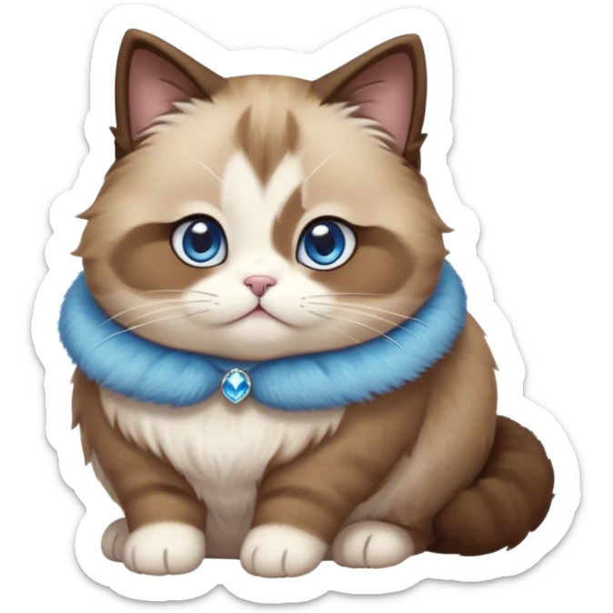 Cinematic Cute Chubby Brown Mantle Snowshoe Cat Portrait Emoji, Round and plump body, soft brown fur draped over its back like a luxurious coat, contrasted by fluffy white paws, chest, and an adorably chubby face, big, sparkling icy-blue eyes, Simplified yet irresistibly adorable features, highly detailed, glowing with a warm, cozy glow, high shine, curious yet calm, stylized with a touch of whimsy, bright and endearing, soft glowing outline, capturing the essence of a mischievous yet lazy and lovable kitty, so cuddly it feels like it could waddle right out of the screen for a snuggle! sticker