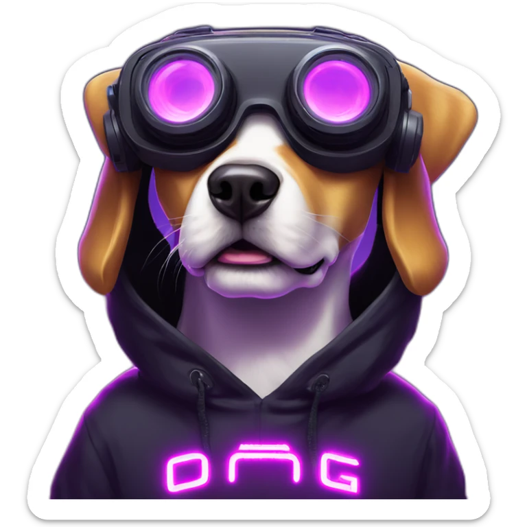 funny dog wearing a black hoodie with "OMG" letters on it and VR headset in a cyberpunk VR environment with violet neon lighting. sticker