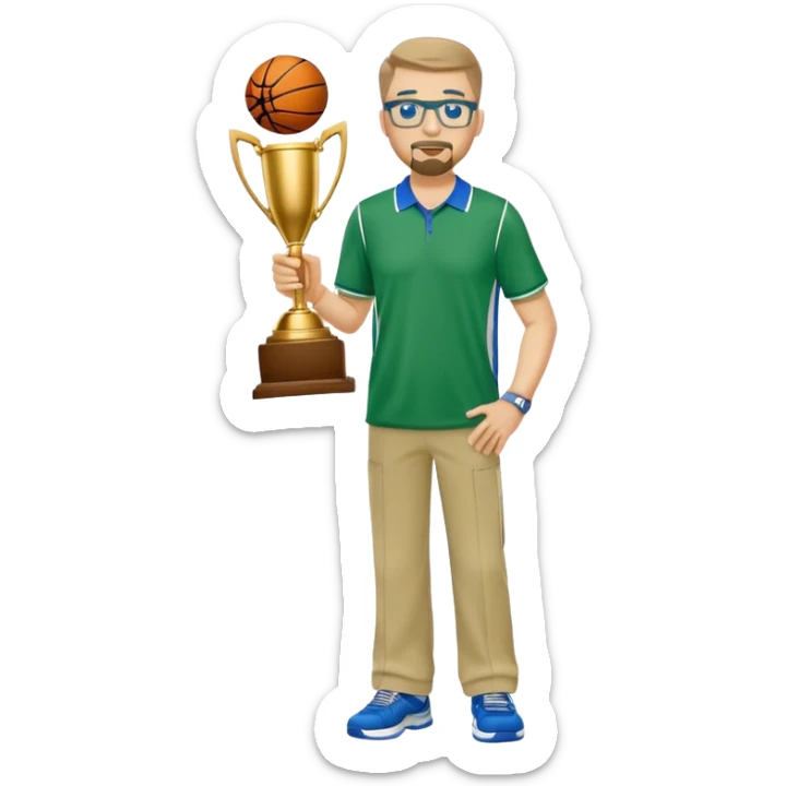 full body white  male basketball coach with trophy. Goatee , Wearing glasses and blue and green polio and khaki pants sticker