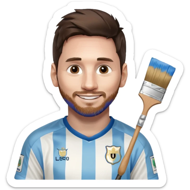 create an emoji of Lionel Messi smiling in an Argentina shirt holding a paintbrush sticker