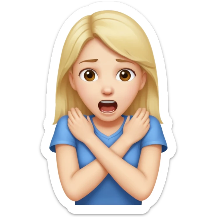 a pretty girl, holding her neck with her arms crossed, she is screaming sticker
