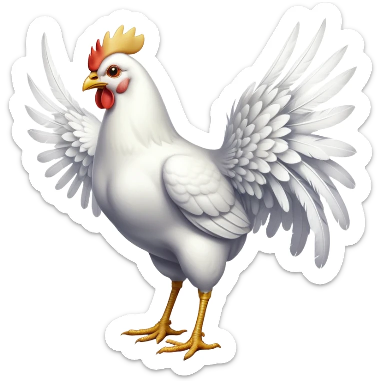 cinematic-[white chicken]-realistic-full-body-perched-emoji,-wings-tucked-neatly,-head-tilted-dramatically,-sleek-[white]-feathers,-simplified-yet-realistic-focused-features,-highly-detailed,-glowing-with-an-almost-sarcastic-glow sticker