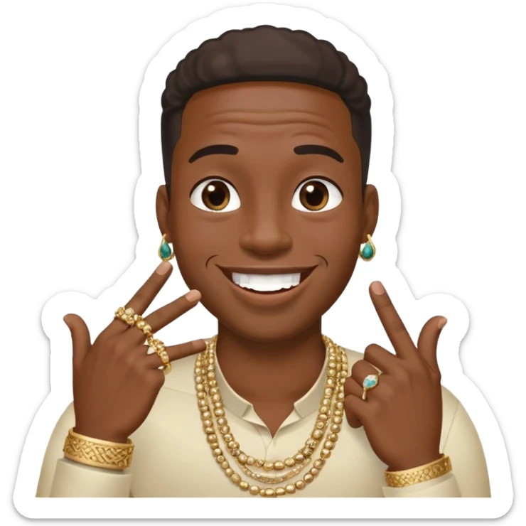 Giggling black man with jewelry covering his mouth with his right hand with one thumb and four fingers only sticker