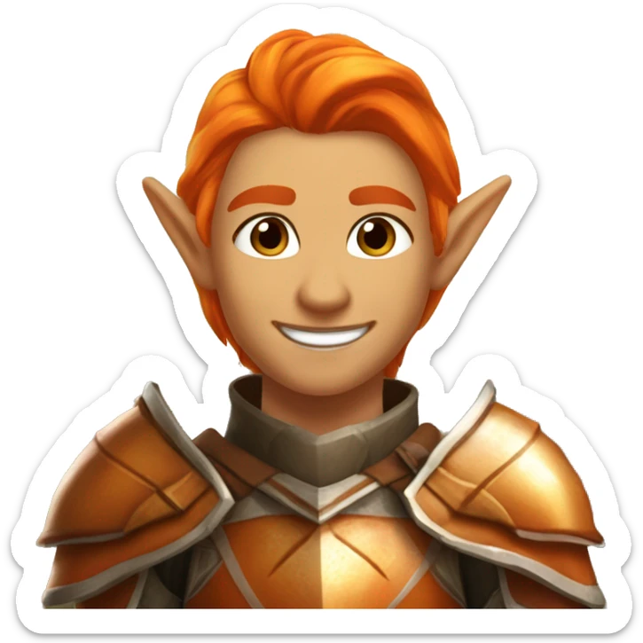 Autumn Eladrin Elf with a charismatic smile and orange hair. Wearing shiny elaborate armor with silver, orange, and brown tones, similar to the colors of autumn.  sticker