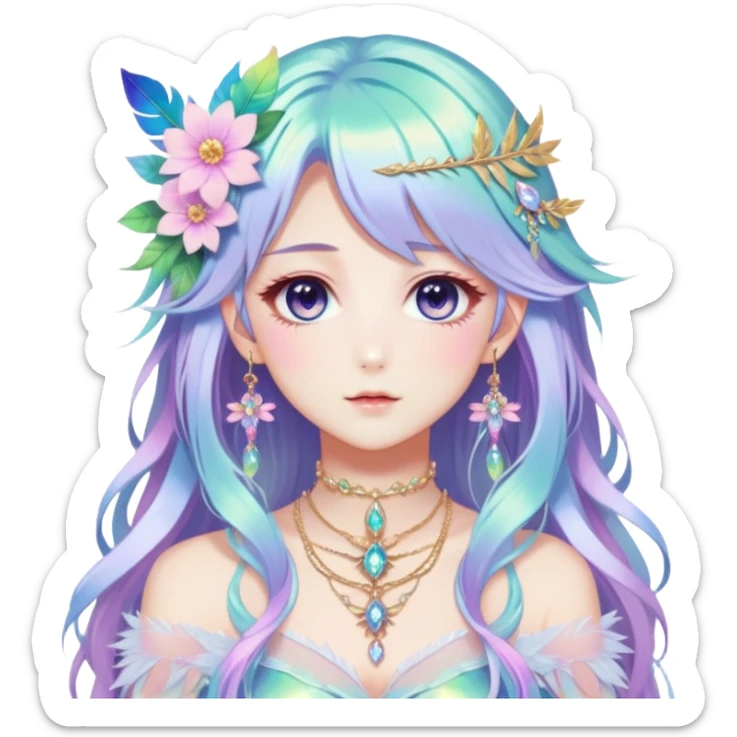 Beautiful gorgeous anime lady with beautiful iridescent-special-hair, fashion aesthetic, ethereal, fairycore, pastelcore, feather, flower, crystals, accessories, jewelries, gold, colorful sticker
