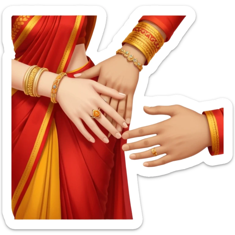 Two hands in a engagement..One hand of groom and one hand of bride. Bride hand - red/yellow saree. groom- light orange punjabi (oonly hands will be visible in the image). Groom's hand is holding a ring and bride's hand will be wearing the ring.*ONLY HANDS WILL BE VISIBLE IN THE IMAGE* sticker
