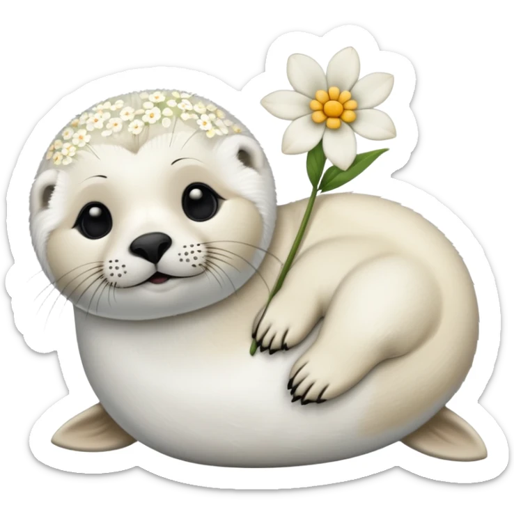 Skinny harp seal with flower hair pin on the head and laying down sticker