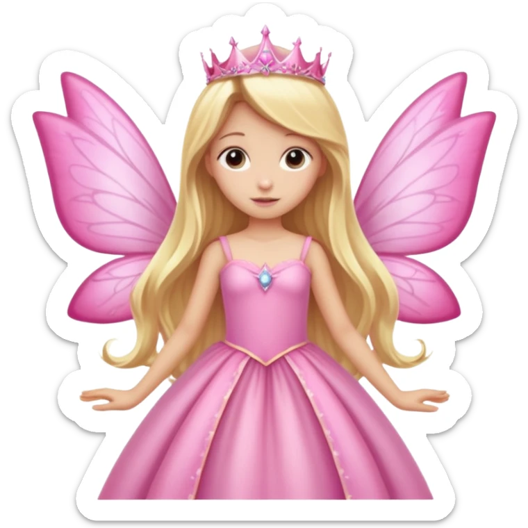 Realistic detailed long pink princess dress, long blonde hair, pink fairy wings sticker