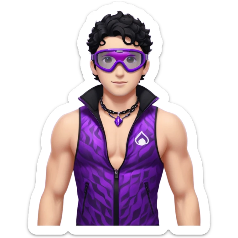 male athlete with white skin and moderately curly black hair on top with shaved sides, wearing ski goggles with purple frames and very dark black lenses, a simple plain black chain necklace, and a completely unzipped sleeveless vest with purple and black sequin fire pattern design, fully revealing his chest, shoulders and arms, no earrings sticker