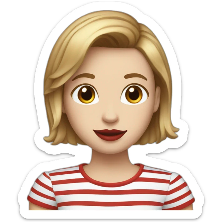 white woman with red lips, brown hair, bob haircut, braces on teeth, blue and white striped t shirt sticker