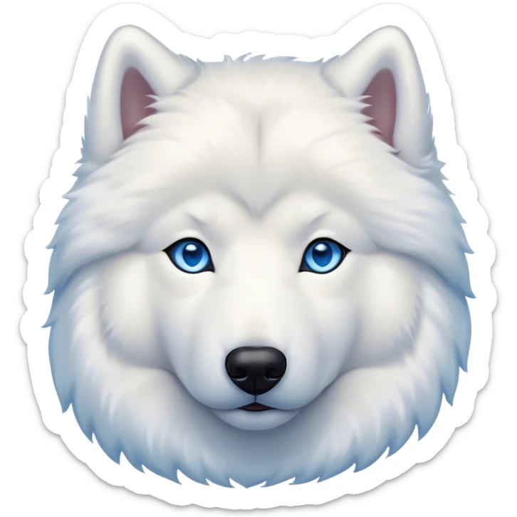 Cinematic Noble Samoyed Portrait Emoji, Poised and regal, with a majestic, sturdy build and a luxuriously fluffy pure white Fur, deep-set soulful blue eyes, Simplified yet sharp and sophisticated features, highly detailed, glowing with a soft, dignified glow, high shine, intelligent and gentle, stylized with an air of elegance, focused and attentive, soft glowing outline, capturing the essence of a watchful and confident companion, so majestic it feels as though it could bound out of the screen with effortless authority! sticker
