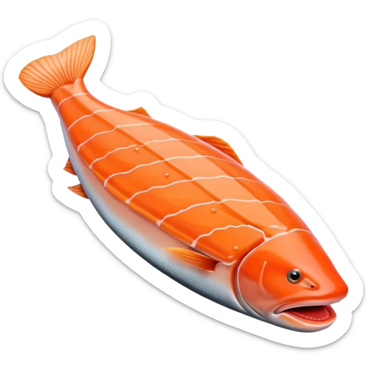 realistic salmon fillet, boneless, orange-pink, muscle lines, tapered, curved, moist smooth texture, fine fat layer, no skin, no lemon, no background, no faces, clean 3D, soft lighting, transparent background, emoji scale sticker