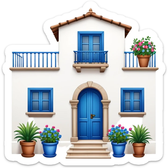 Andalusian-style Spanish house with white walls, blue accents, and flowerpots on windows sticker