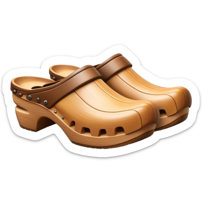 Cinematic Realistic Wooden Clogs Emoji, depicting the classic handcrafted footwear with a smooth, curved design and sturdy wooden soles, rendered with rich textures and warm, natural lighting. sticker