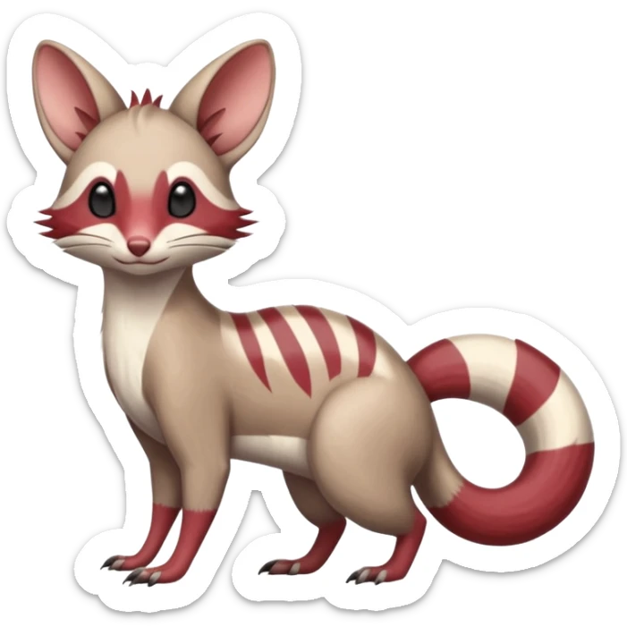Minccino-Opossum-Numbat-Sphynx-Zangoose-fusion-hybrid-animal-Fakémon-creature, full body, thin long sleek scaly tail, intricate markings sticker
