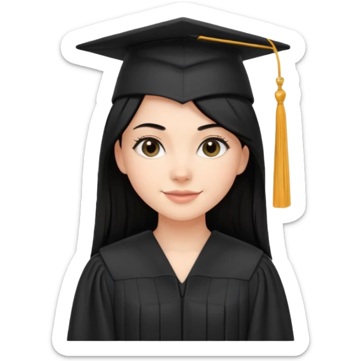 white girl with straight black hair, standing proudly in black graduation cap and gown, subtle smile sticker