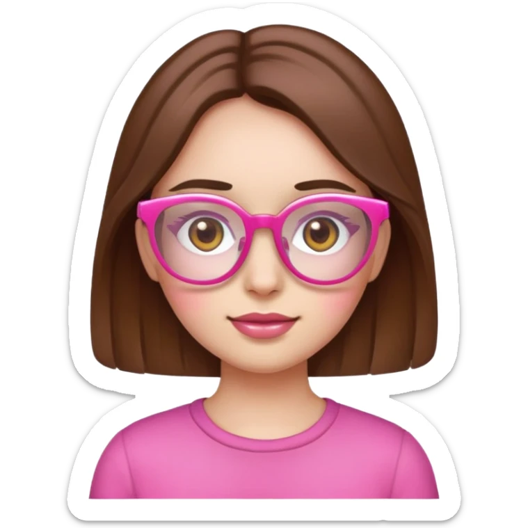 make a girl emoji that’s wearing pink glasses, brown hair, hazel eyes, white skin. sticker