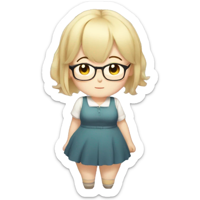 Chubby anime girl with glasses and short blond hair, full body wearing cute dress sticker