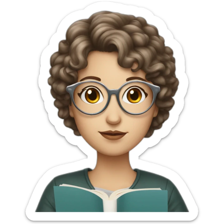 white girl with round silver glasses and really short brown curly hair reading a book sticker