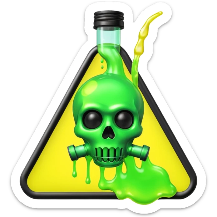 3D render of Oil Slick, toxic waste aesthetic, neon green bubbling liquid, caution yellow metal, industrial warning texture. sticker