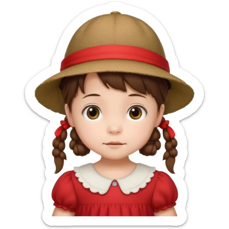 baby girl with brown hair and pigtails with red dress and a hat like My Neighbor Totoro movie sticker