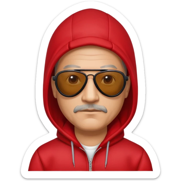 50-year-old man with slight stubble on upper lip, black aviator sunglasses, wearing a red hoodie with hood up sticker