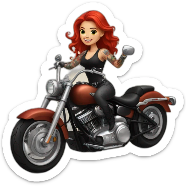 A pretty red haired girl with a lots of tattoos riding a Harley motorcycle on the back wheel sticker
