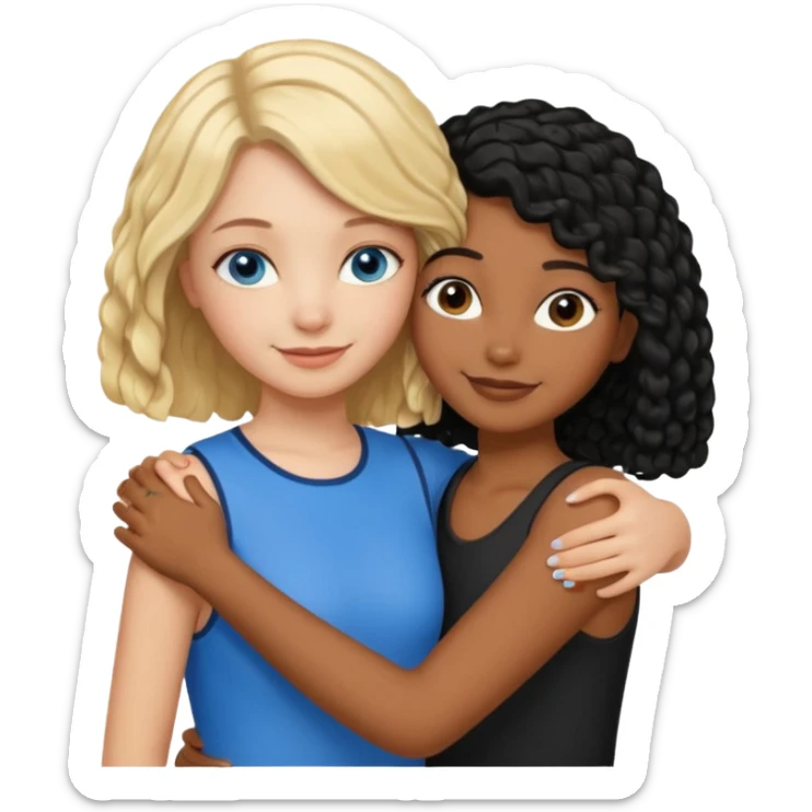 Girl best friends: one white girl with straight blond bob and blue eyes, one shorter black girl with long black curly hair, hugging sticker