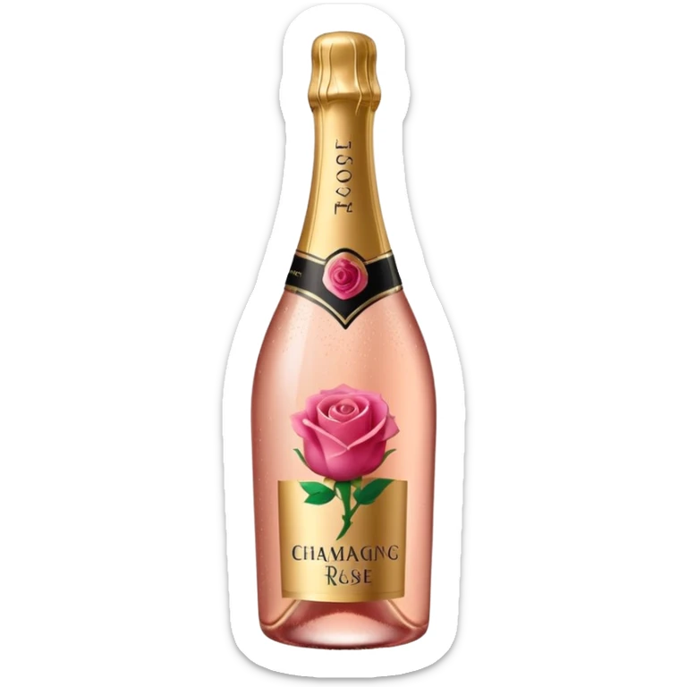 bottle of sparkling rose champagne tilted up and to the right, with a rose logo, no glass sticker
