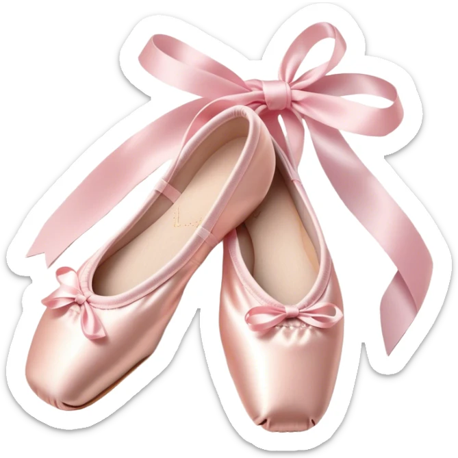 Cinematic Realistic Ballet Shoes, soft satin pink pointe shoes with delicate ribbons, resting gently on a polished wooden floor, subtle creases in the fabric, glowing under the warm golden light of a rehearsal studio, evoking elegance and grace. sticker