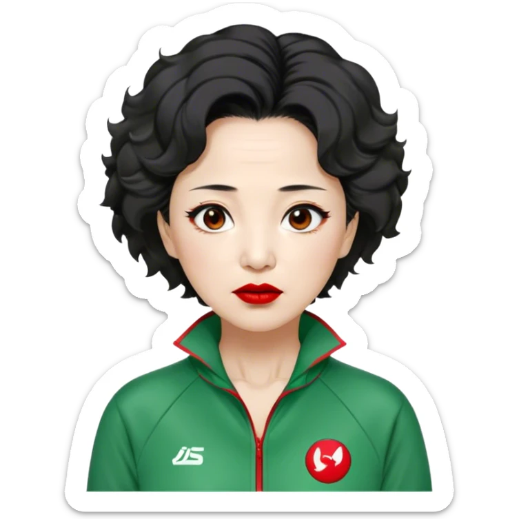 Han Mi-nyeo : Age: Late 60s
Appearance: A middle-aged woman with wrinkles, frizzy, messy brown black hair and dramatic red lipstick.
Outfit: Green player tracksuit sticker