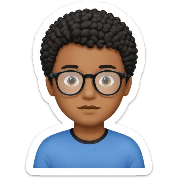 Menino moreno com cabelo curto cacheado preto, de óculos preto e blusa azul sticker