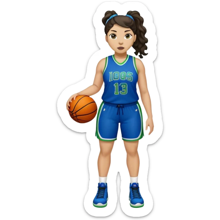full body plus size light skin latino women basketball player with wavy dark hair in pony tail wide nose wearing blue uniform with green accent sticker