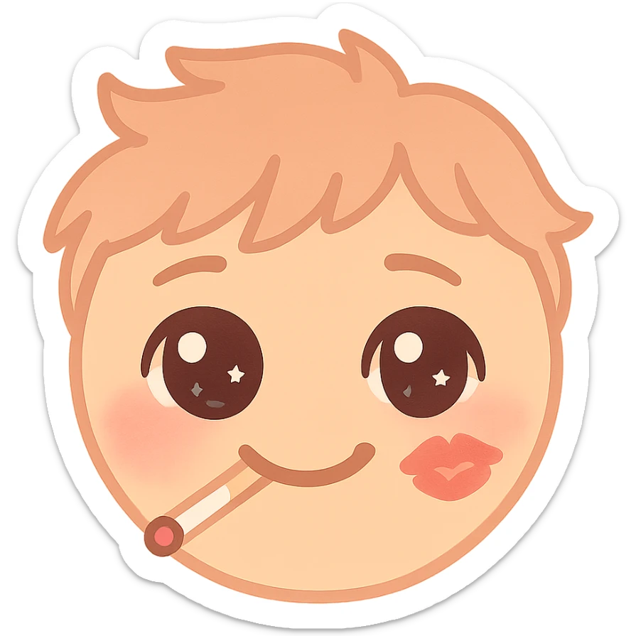 kawaii emoji face smirking with a cigarette, red lipstick smudge, tousled hair, neon lighting, expression of 'forbidden love', inspired by Romeo + Juliet 1996 aesthetics, discord emoji size sticker