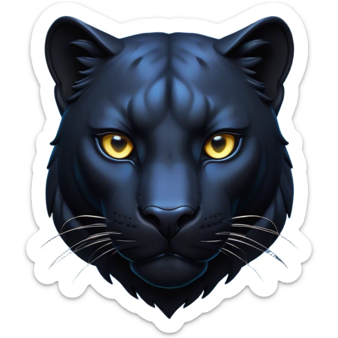 Cinematic Noble Panther Portrait Emoji, Poised and regal, with a sleek, muscular build draped in glossy, midnight-black fur and piercing, luminescent eyes, Simplified yet sharp and sophisticated features, highly detailed, glowing with a soft, mysterious glow, high shine, intelligent and enigmatic, stylized with an air of stealthy authority, focused and commanding, soft glowing outline, capturing the essence of a watchful and confident jungle guardian that appears ready to prowl out of the screen with effortless authority! sticker