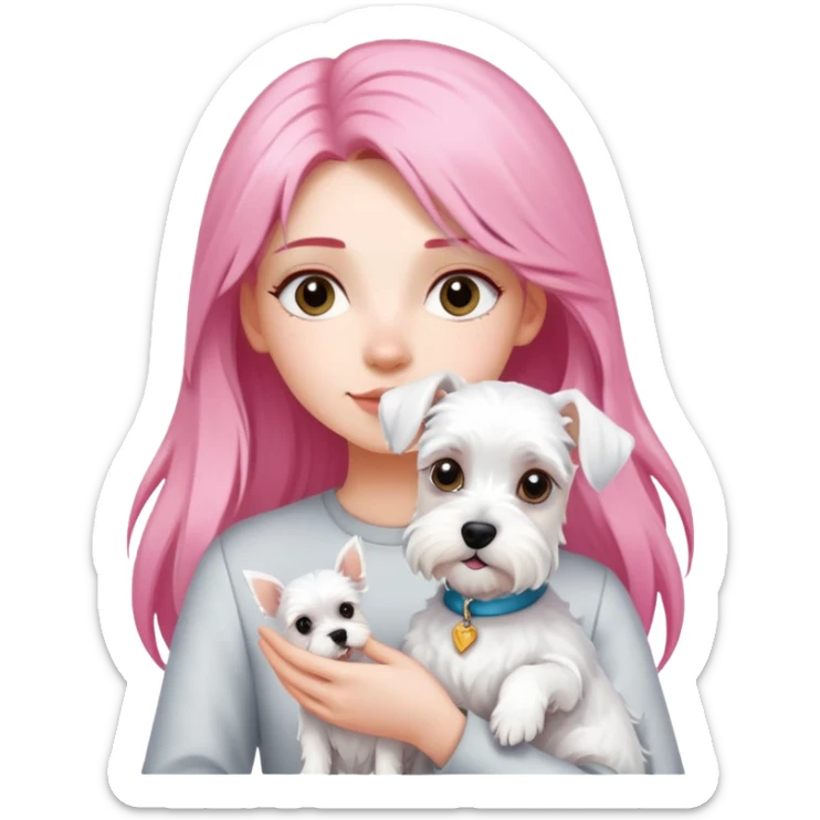 Girl with long pink hair holding a white schnauzer dog sticker