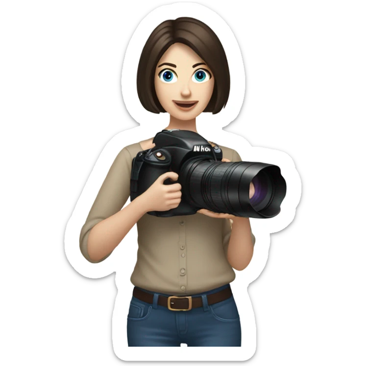 Portrait of woman with blue eyes and dark brown bob hair holding a nikon camera sticker