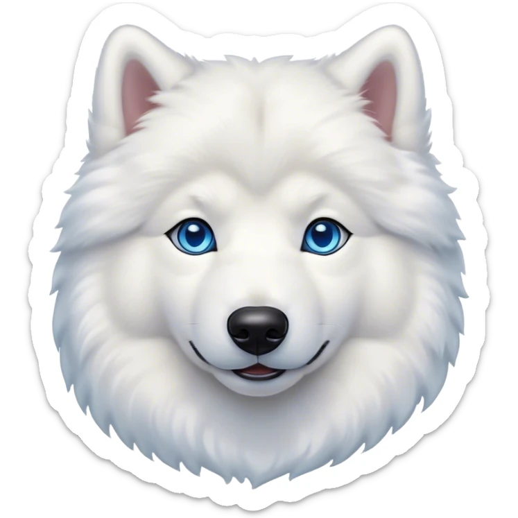 Cinematic Noble Samoyed Portrait Emoji, Poised and regal, with a majestic, sturdy build and a luxuriously fluffy pure white Fur, deep-set soulful blue eyes, Simplified yet sharp and sophisticated features, highly detailed, glowing with a soft, dignified glow, high shine, intelligent and gentle, stylized with an air of elegance, focused and attentive, soft glowing outline, capturing the essence of a watchful and confident companion, so majestic it feels as though it could bound out of the screen with effortless authority! sticker