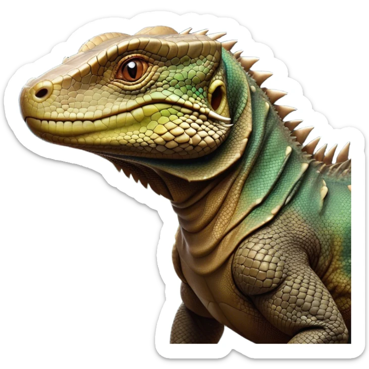 Cinematic Noble Komodo Dragon Lizard Portrait Emoji, Poised and regal, with a rugged, scaled body and powerful stance, deep-set intense eyes and textured, weathered skin, Simplified yet sharp and sophisticated features, highly detailed, glowing with a soft, ancient glow, high shine, intelligent and formidable, stylized with an air of primordial authority, focused and commanding, soft glowing outline, capturing the essence of a watchful and confident guardian that appears ready to stride out of the screen with timeless power! sticker