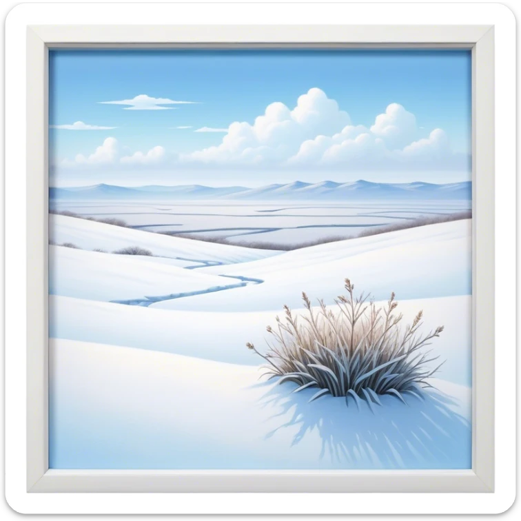 Cinematic Realistic Tundra Emoji in a wooden frame, Vast and cold, with wide expanses of snow-covered ground, sparse grasses poking through, and the occasional hardy shrub breaking up the pale white landscape. The sky above is a pale, frosty blue, and the light reflects off the snow, creating a serene yet starkly beautiful environment. Soft glowing outline, capturing the essence of a quiet, still, frozen wilderness where life endures despite the harsh conditions. sticker