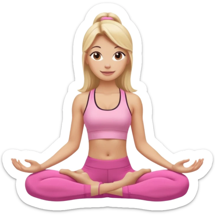 Mujer color de piel moreno con cabello rubio suelto y lacio y largo, que tenga gloss en los labios y se vea usando Blush rosita, usando un top rosa deportivo y leggins deportivo rosa en una pose de yoga sentada, viendo hacia enfrente con ojos negros y sonriendo sin mostrar los dientes sticker