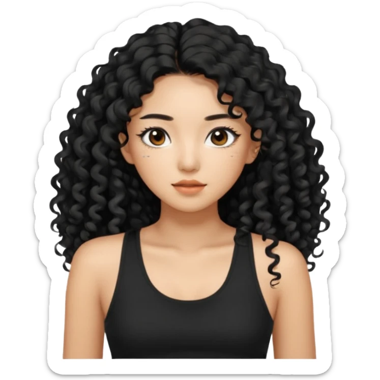 Korean woman with black cute long curly hair  with a black top tank with long lashes sticker