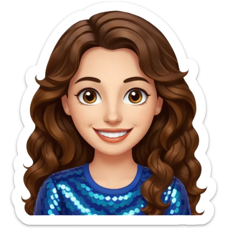 30 yr old italian woman, long brown wavy hair, big brown eyes, huge smile, sequin shirt, no bangs,  sticker
