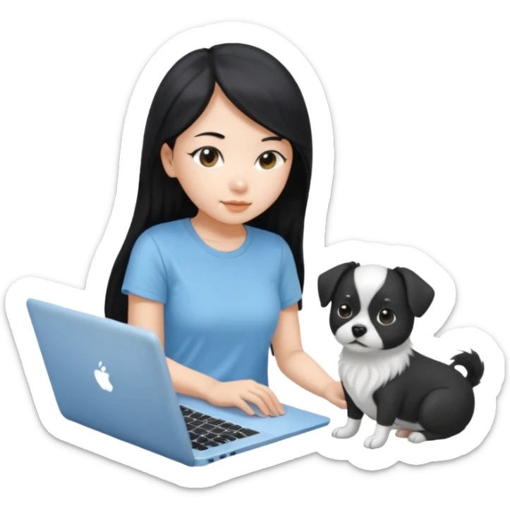 Asian girl with long black hair, wearing a light blue t-shirt, working on an Apple laptop, beside a small black and white dog sticker