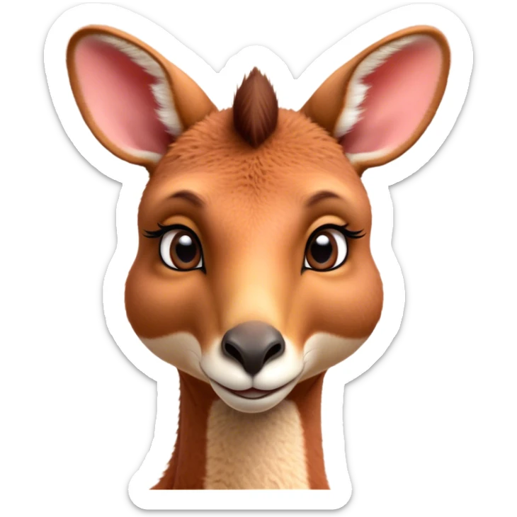 Cinematic Cute Adult Red Kangaroo Portrait Emoji, Head tilted playfully and inquisitively, showcasing a charming, robust build with soft reddish fur and a uniquely camel-like head featuring a gentle, elongated snout and rounded ears, with large, sparkling eyes full of wonder, Simplified yet irresistibly adorable features, highly detailed, glowing with a warm, friendly glow, high shine, affectionate and lively, stylized with a touch of outback whimsy, soft glowing outline, capturing the essence of a mischievous yet loving kangaroo that seems as if it could hop out of the screen into your arms! sticker