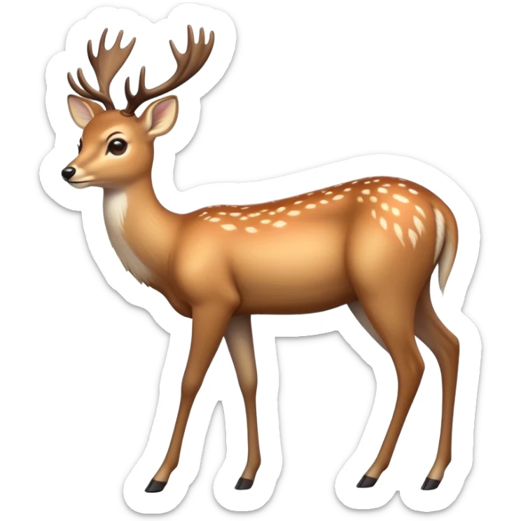 cinematic-[deer]-realistic-full-body-standing on all fours-emoji,-tail-tucked-close,-head-tilted-dramatically,-sleek-[fawn]-fur,-simplified-yet-realistic-focused-features,-highly-detailed,-glowing-with-an-almost-sarcastic-glow sticker