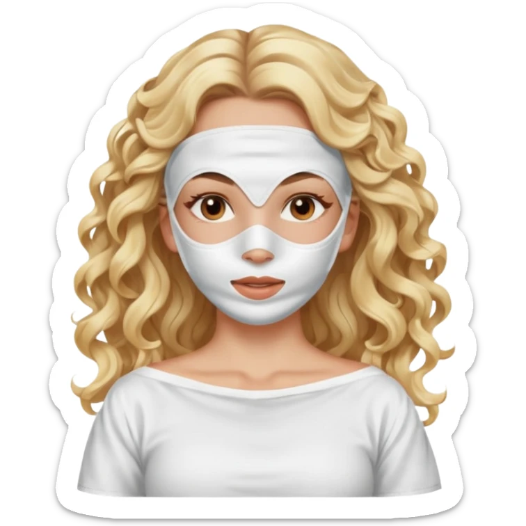 White girl- brown eyes - beauty face mask massage -full care- blonde long curly hair  white off shoulder shirt sticker